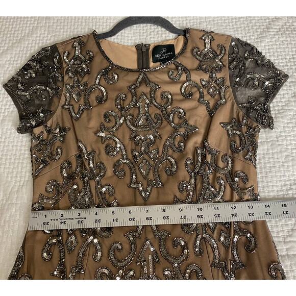 ADRIANNA PAPELL DRESS 2 SEQUIN BEADED MESH SHEER TAN NUDE SILVER MINI COCKTAIL - Picture 13 of 16
